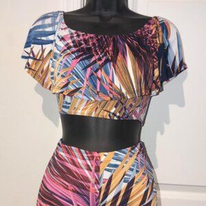 multi colored floral off the shoulder two piece pants set